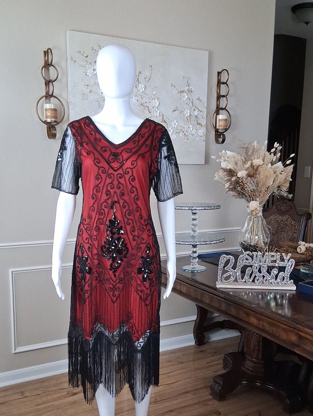 New Women's Red And Black Beaded V-Neck Fringe Cocktail Summer Dress Medium - Picture 13 of 16